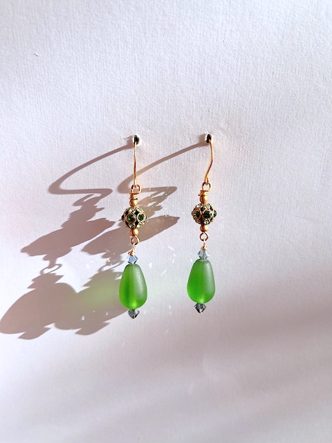 Austrian Crystal, Filigree, Green Sea Glass Earring